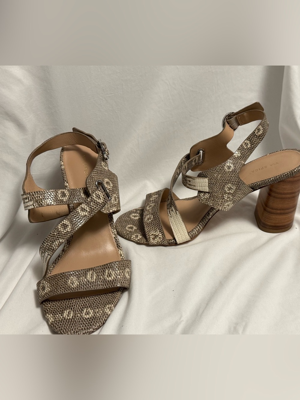 Via Spiga Taupe Snake-Print Strappy Block Heel Sandals